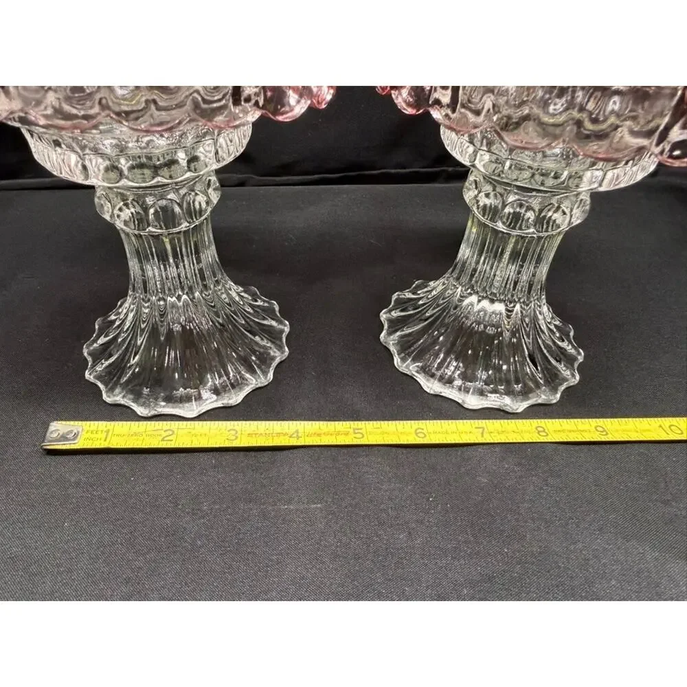 Pair of L.E. Smith Vintage Pink Fairy Lamps Clear Glass Pedestal Candle Holders